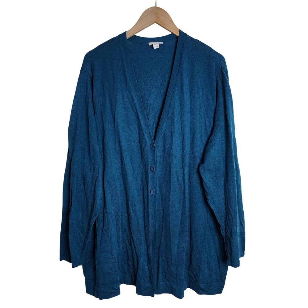 J. Jill Cardigan Women 4X Blue Wool Blend VNeck Button Front Long Sleeve Sweater